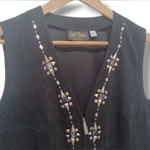 Bob Mackie Faux Suede Zip Up Studded Black Fringe Rodeo Womens XL Festival Vest